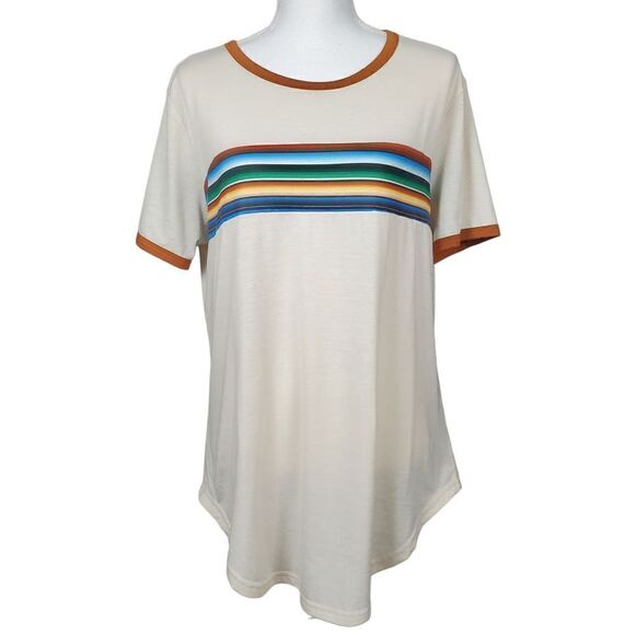 Lucky and Blessed Tops - Lucky and Blessed T-Shirt Striped Size Medium Beige Blue Southwestern Santa Fe